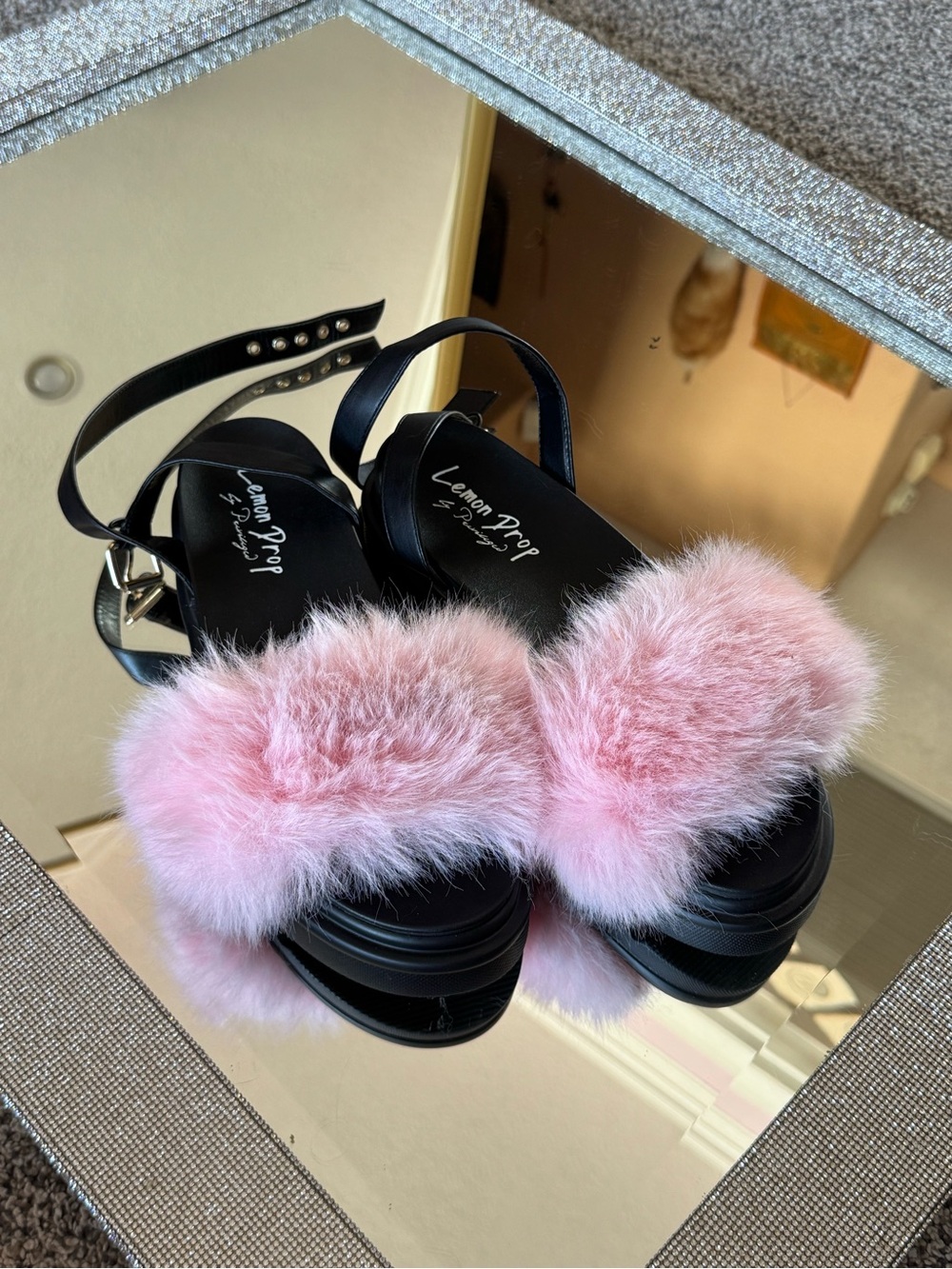 Dolls Kill Black Platform Sandals with Pink Faux Fur